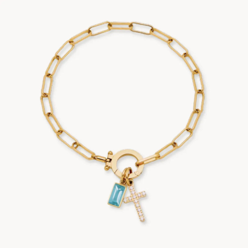 Paperclip Birthstone Cross Charm Bracelet